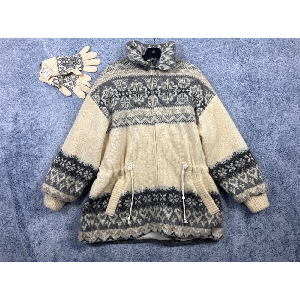 Saga Womens L Cream Wool Nordic Zip Jacket Varma Gloves Set Fair Isle
